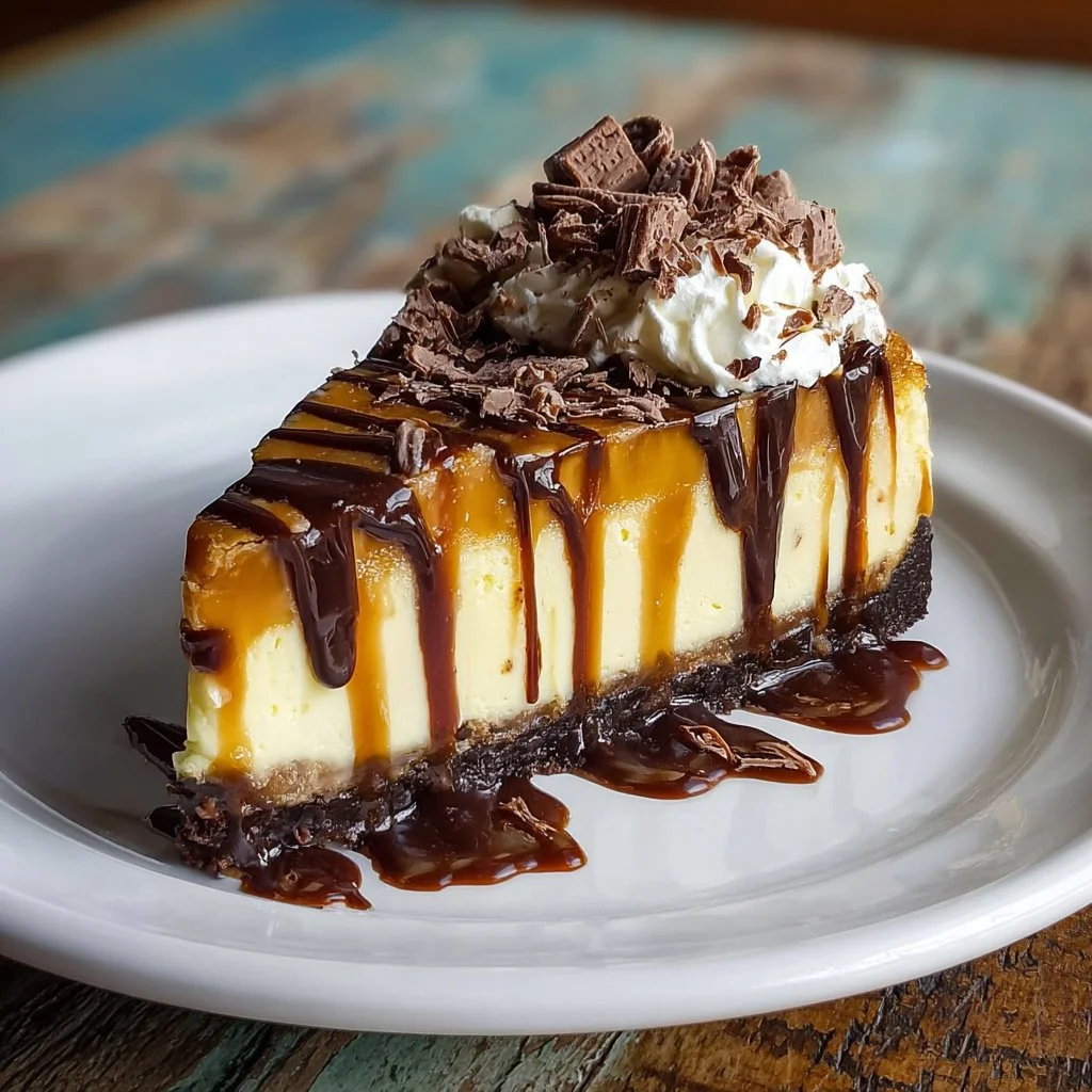 Delicious caramel brownie cheesecake with a chocolate drizzle on top