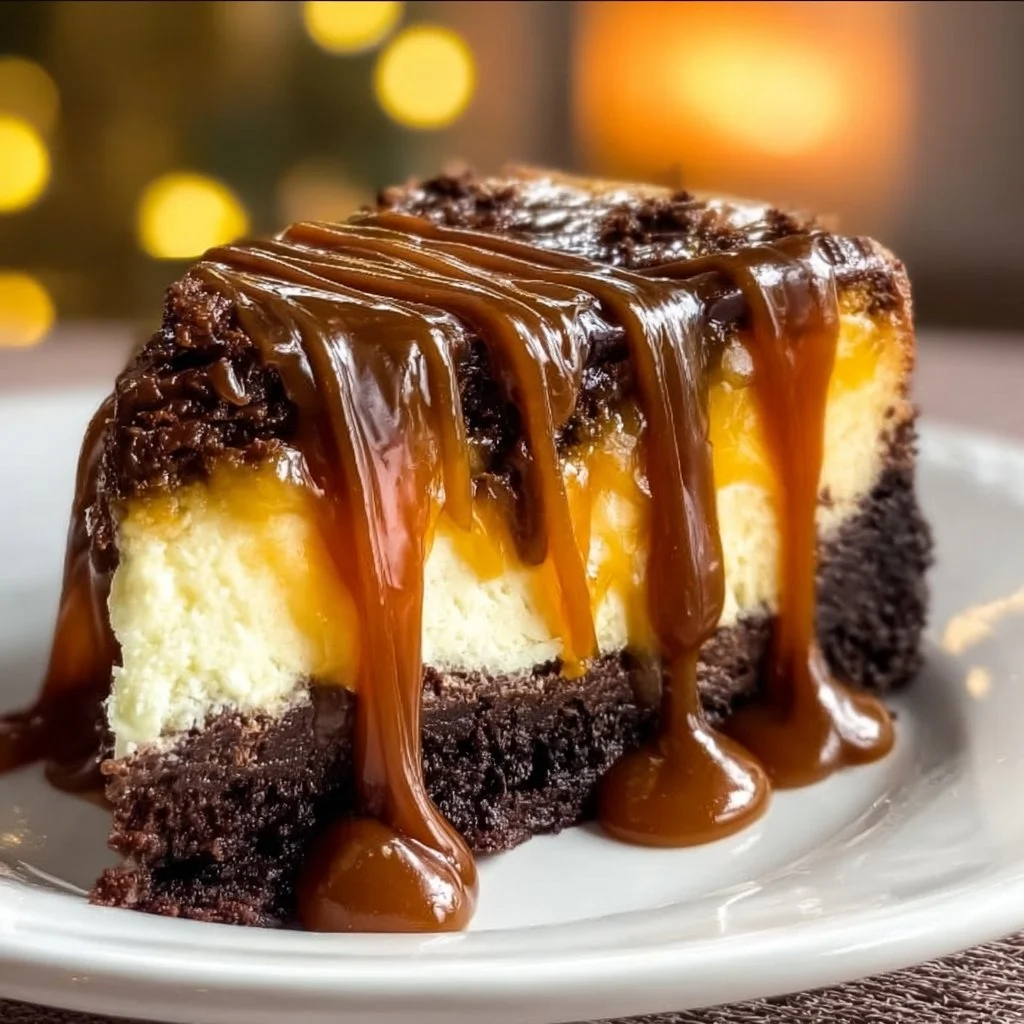 Delicious caramel brownie cheesecake topped with caramel drizzle and chocolate.