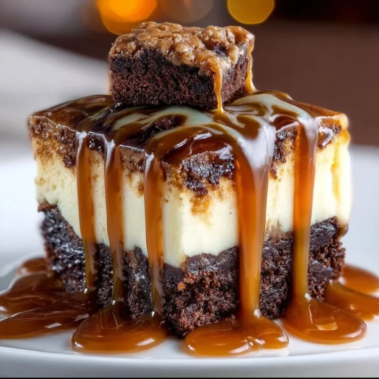 Delicious caramel brownie cheesecake dessert with a rich and creamy texture