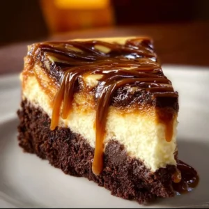 Delicious caramel brownie cheesecake slice topped with chocolate drizzle and caramel sauce