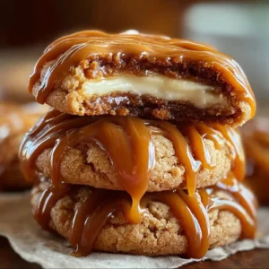Close-up of delicious caramel cheesecake cookies with a drizzle of caramel on top.