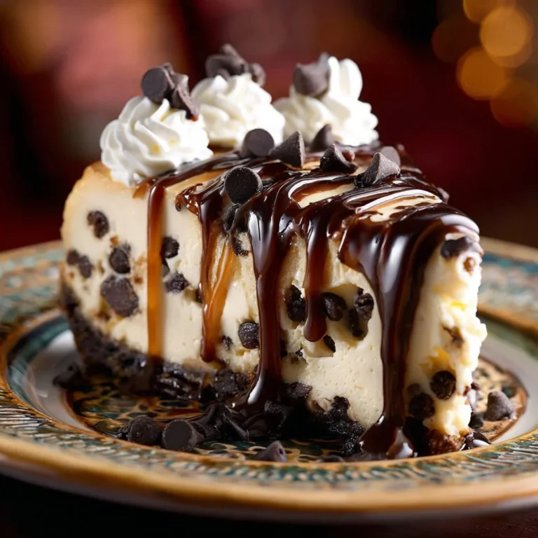 Slice of caramel chocolate chip cheesecake topped with caramel sauce and chocolate chips.
