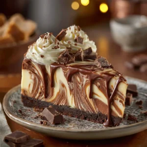 Slice of caramel chocolate coffee cheesecake drizzled with caramel sauce.