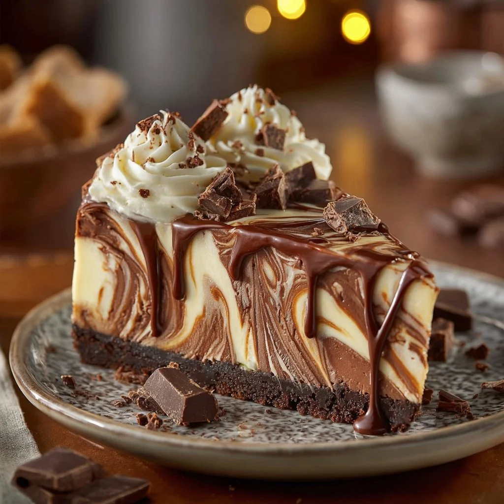 Slice of caramel chocolate coffee cheesecake drizzled with caramel sauce.