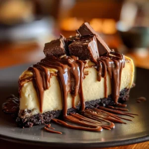 Slice of rich Caramel Chocolate Coffee Cheesecake topped with caramel drizzle