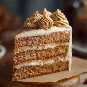 Delicious Caramel Coffee Buttercream Cake topped with creamy frosting and caramel drizzle