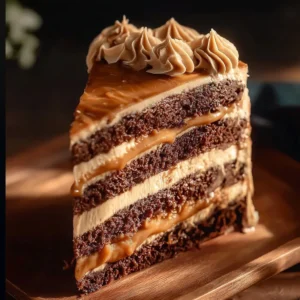 Slice of delicious Caramel Coffee Cake with coffee buttercream frosting