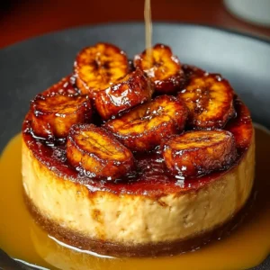 Caramelized banana cheesecake topped with rum glaze on a dessert plate