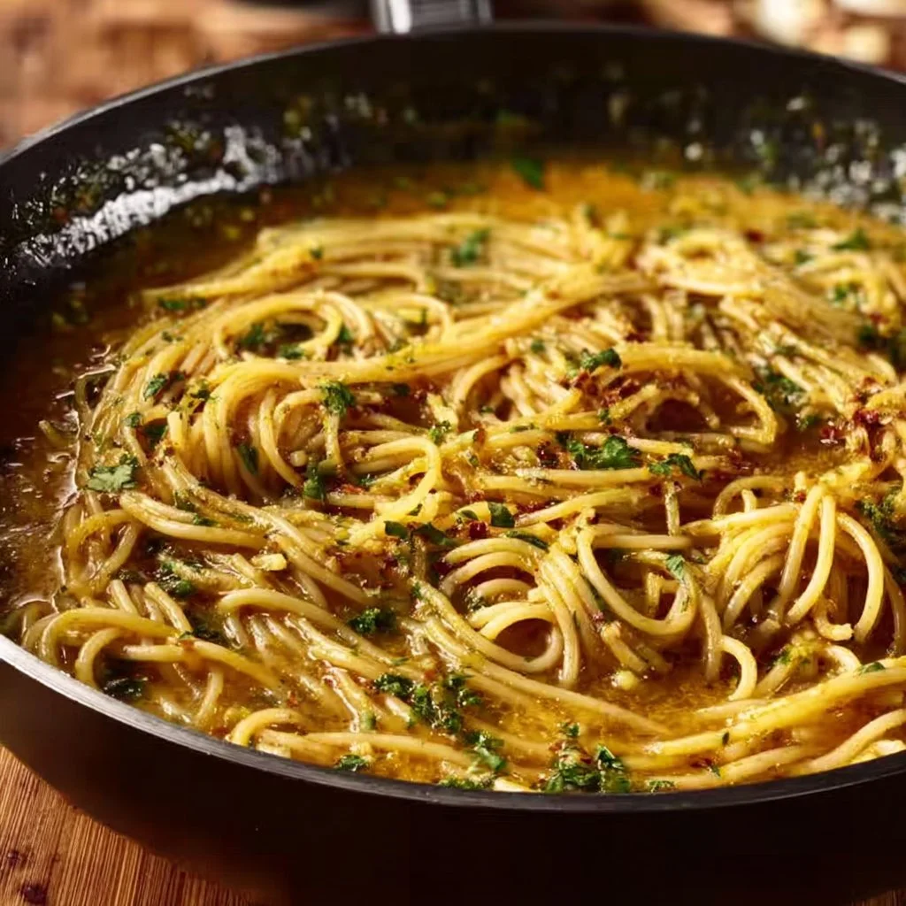 Caramelized onion and garlic spaghetti garnished with fresh herbs