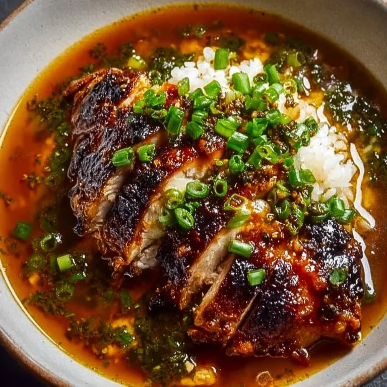 Caramelized soy chicken served in garlic ginger broth with rice.