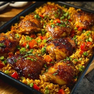 Delicious Caribbean chicken served with rice, featuring vibrant tropical flavors.