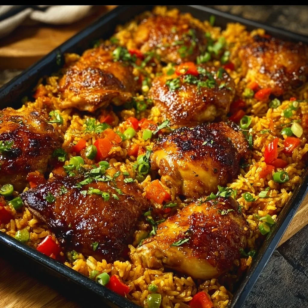Delicious Caribbean chicken served with rice, featuring vibrant tropical flavors.