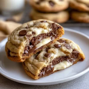 Cheesecake stuffed chocolate chip cookies on a cooling rack.