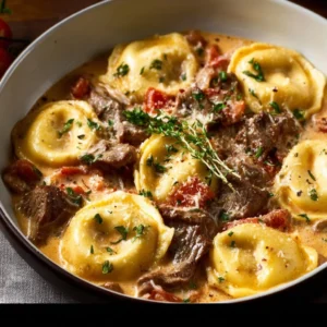 Cheesesteak Tortellini in creamy provolone sauce garnished with parsley