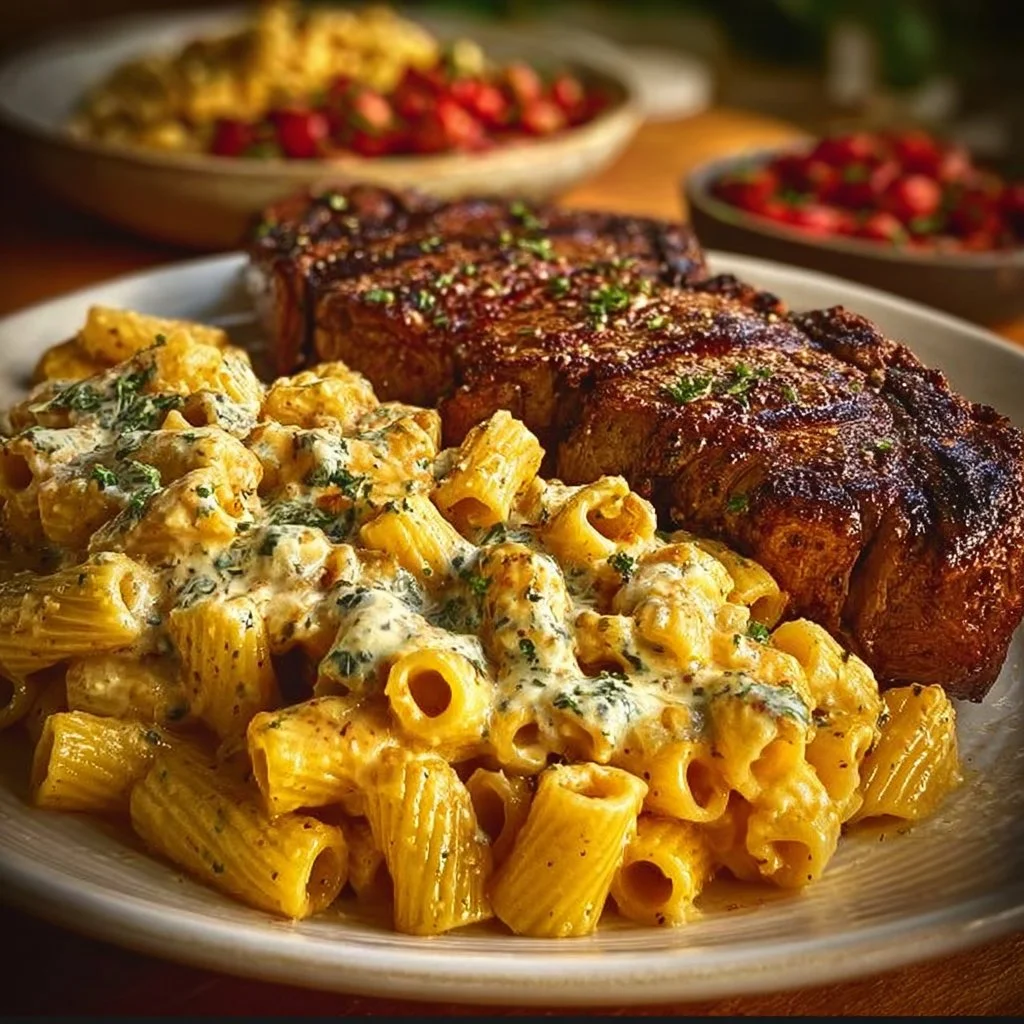 Cheesy Cajun Garlic Butter Steak served with creamy rigatoni pasta