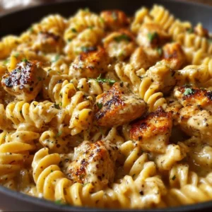 Cheesy Cajun Garlic Chicken Rotini Skillet served in a pan with fresh herbs