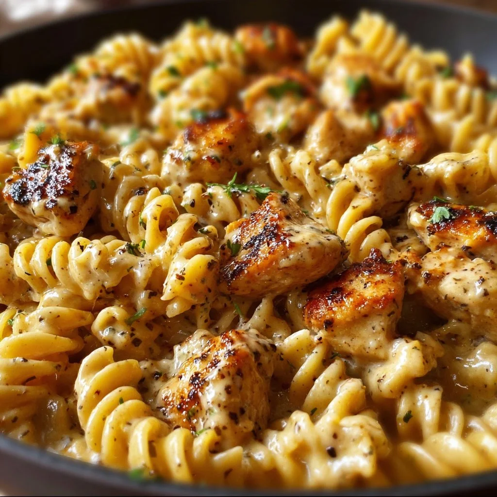 Cheesy Cajun Garlic Chicken Rotini Skillet served in a pan with fresh herbs
