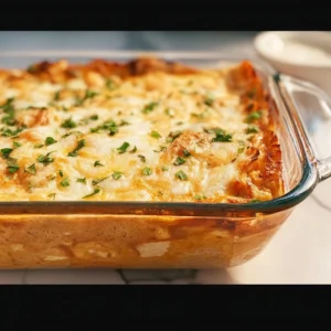 Delicious Cheesy Chicken Taco Casserole topped with cheese and served in a baking dish.