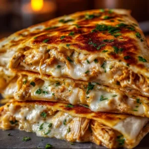 Cheesy garlic chicken wraps garnished with fresh herbs and served in a plate.