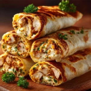 Cheesy garlic chicken wraps on a plate, garnished and ready to serve.