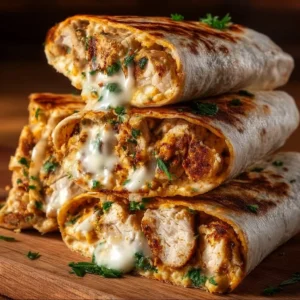 Cheesy garlic chicken wraps served on a plate, ready to enjoy.