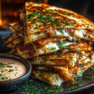 Cheesy hot honey chicken quesadillas served on a plate with dipping sauce