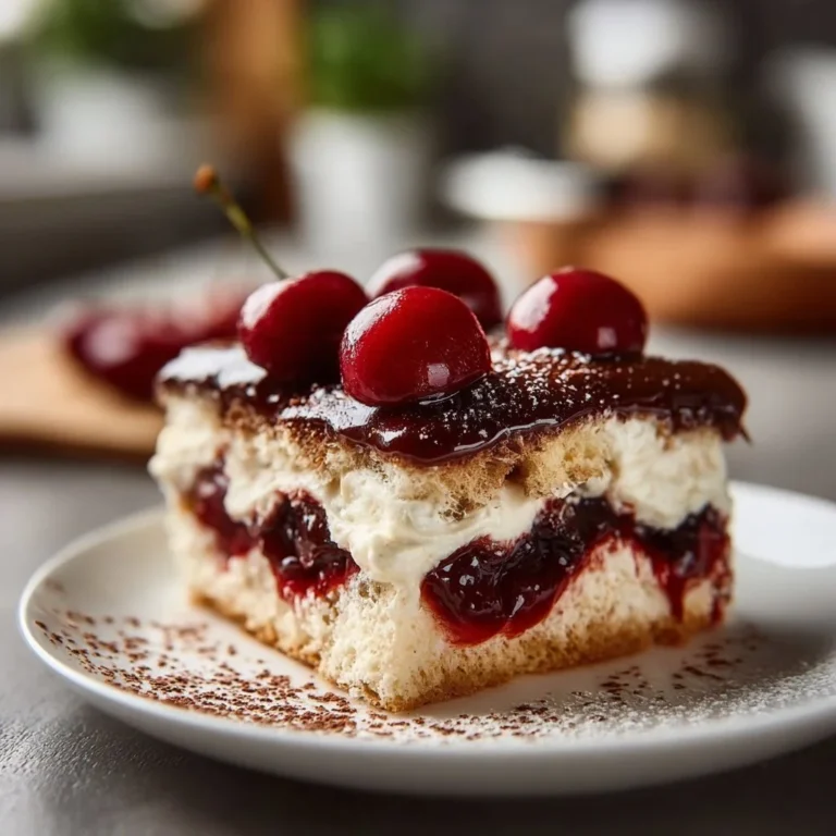 Delicious Cherry Amaretto Tiramisu layered dessert with cherries and amaretto flavor