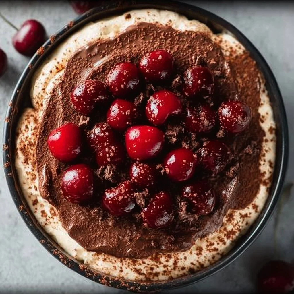 Delicious Cherry Amaretto Tiramisu dessert served in a glass dish.