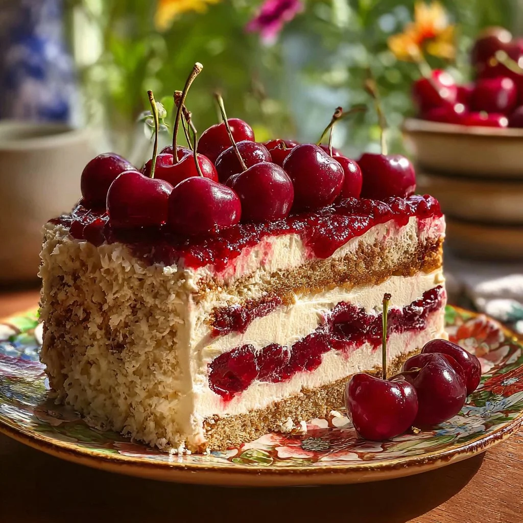 Delicious Cherry Amaretto Tiramisu dessert layered with cherries and creamy mascarpone.