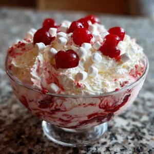 Delicious bowl of Cherry Cheesecake Fluff dessert topped with cherries