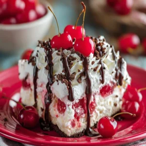 Cherry Chocolate Chip Poke Cake topped with cherries and chocolate chips