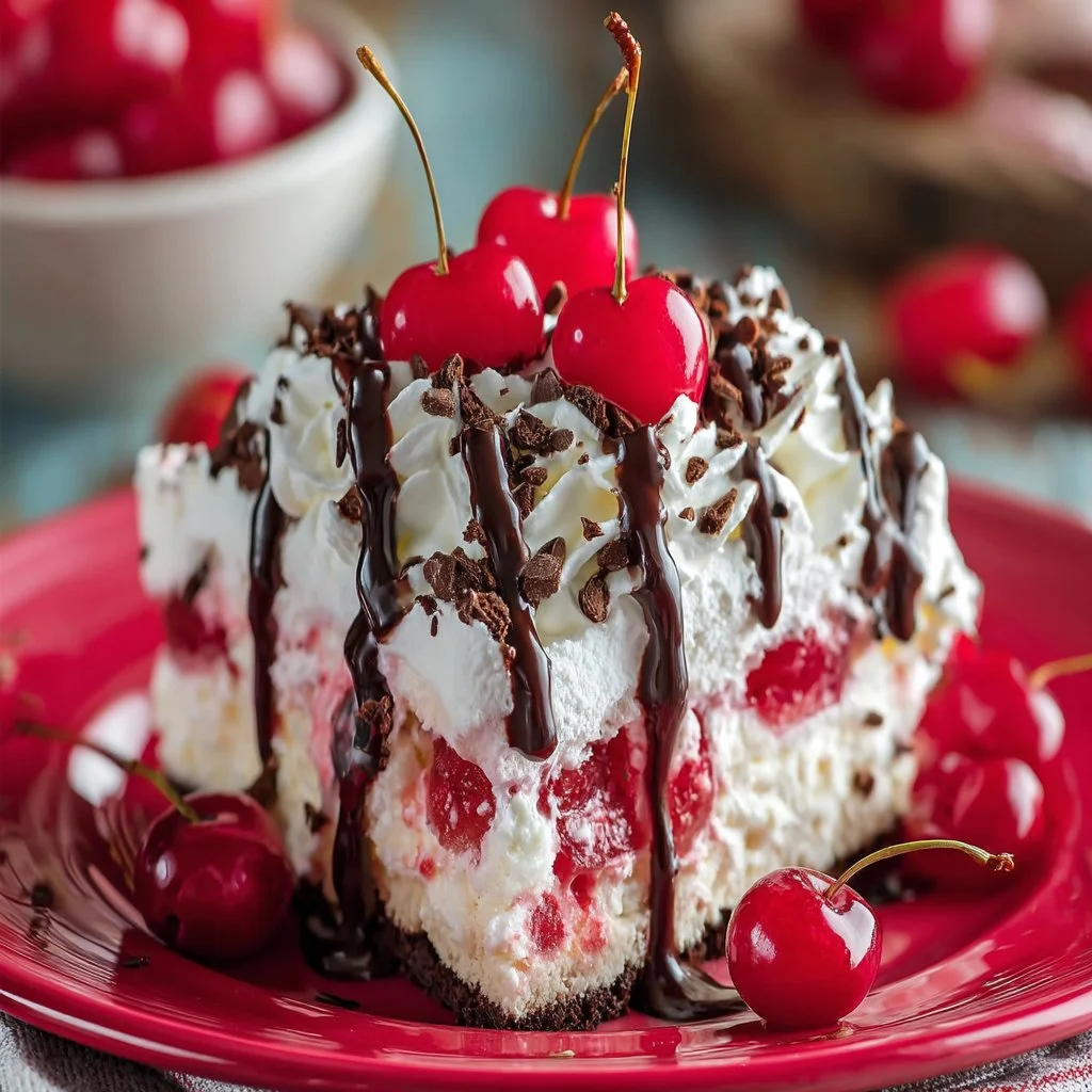 Cherry Chocolate Chip Poke Cake topped with cherries and chocolate chips