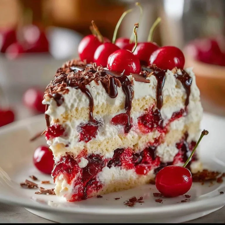 Cherry Chocolate Chip Poke Cake topped with cherries and chocolate chips
