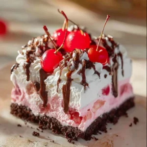 Delicious cherry chocolate chip poke cake topped with whipped cream and cherries