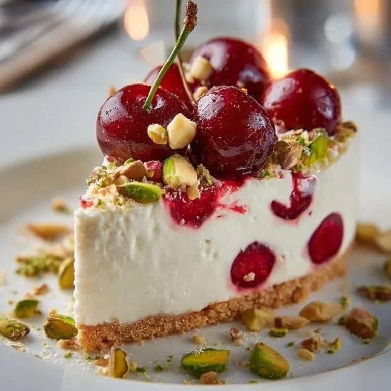 Sliced Cherry Pistachio Cheesecake served on a plate