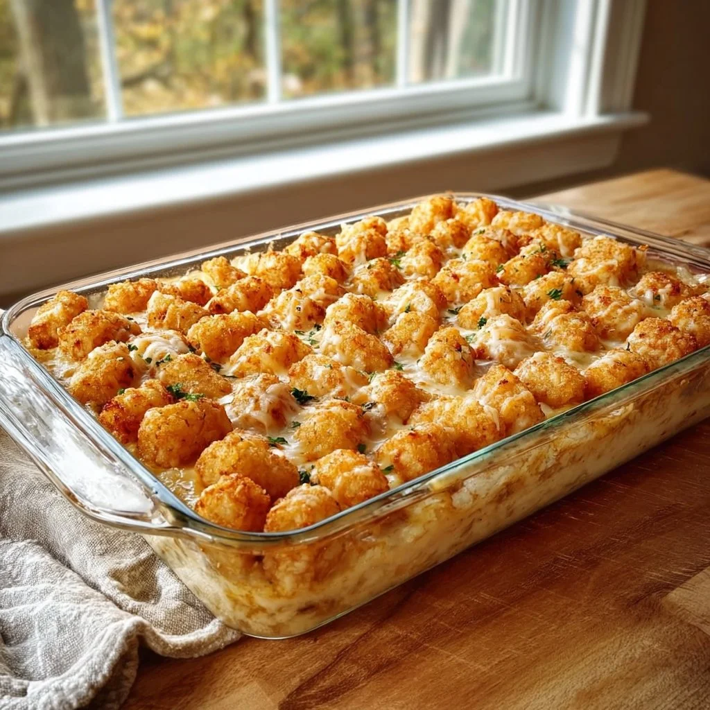 Chicken Alfredo Tater Tot Casserole topped with melted cheese and crispy tater tots.