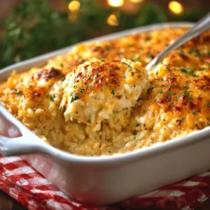 Delicious chicken rice casserole baked to perfection with golden cheese topping.