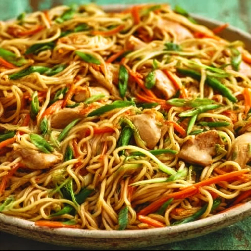 Delicious Chicken Chow Mein topped with flavorful chow mein sauce