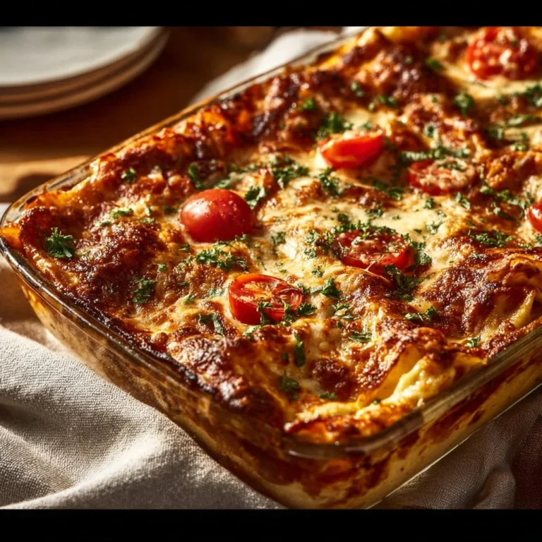 Delicious Chicken Parmesan Casserole topped with melted cheese and herbs.