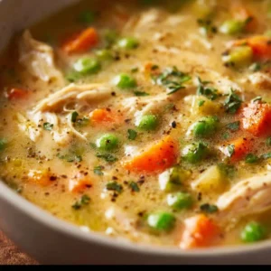 Delicious Chicken Pot Pie Soup served in a bowl with vegetables.