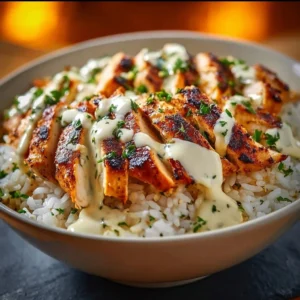 Delicious chicken rice bowl with creamy garlic sauce on a plate.
