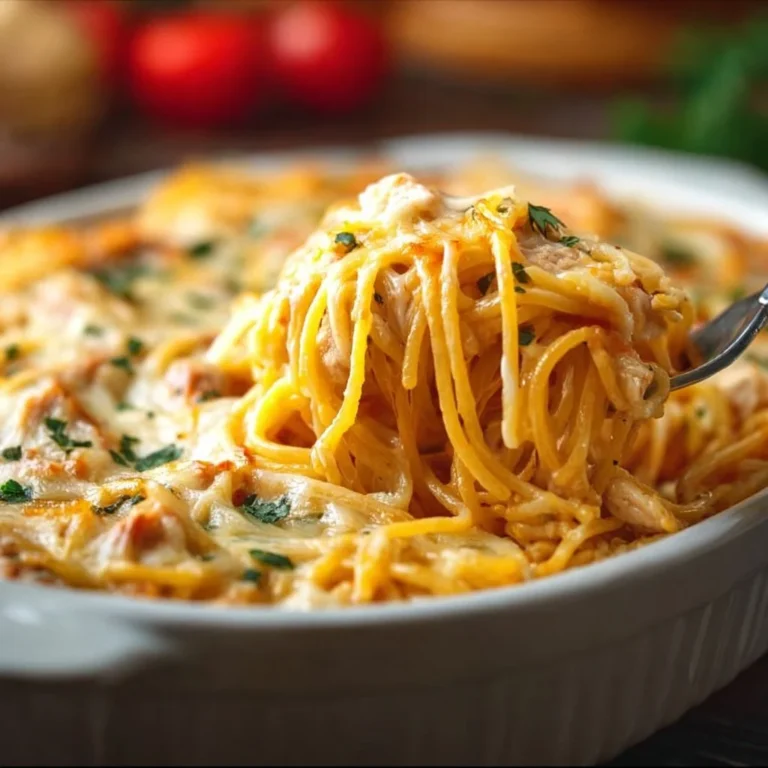 Chicken Spaghetti Casserole topped with cheese and herbs, ready to serve.