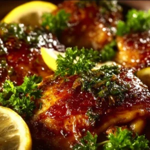 A mouthwatering plate of grilled chicken thighs garnished with herbs.