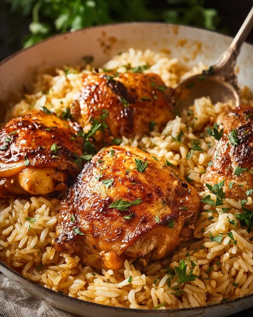 Plate of chicken thighs served with rice and fresh herbs