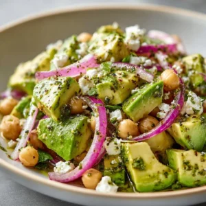 Chickpea Feta Avocado Salad garnished with herbs and served in a white bowl