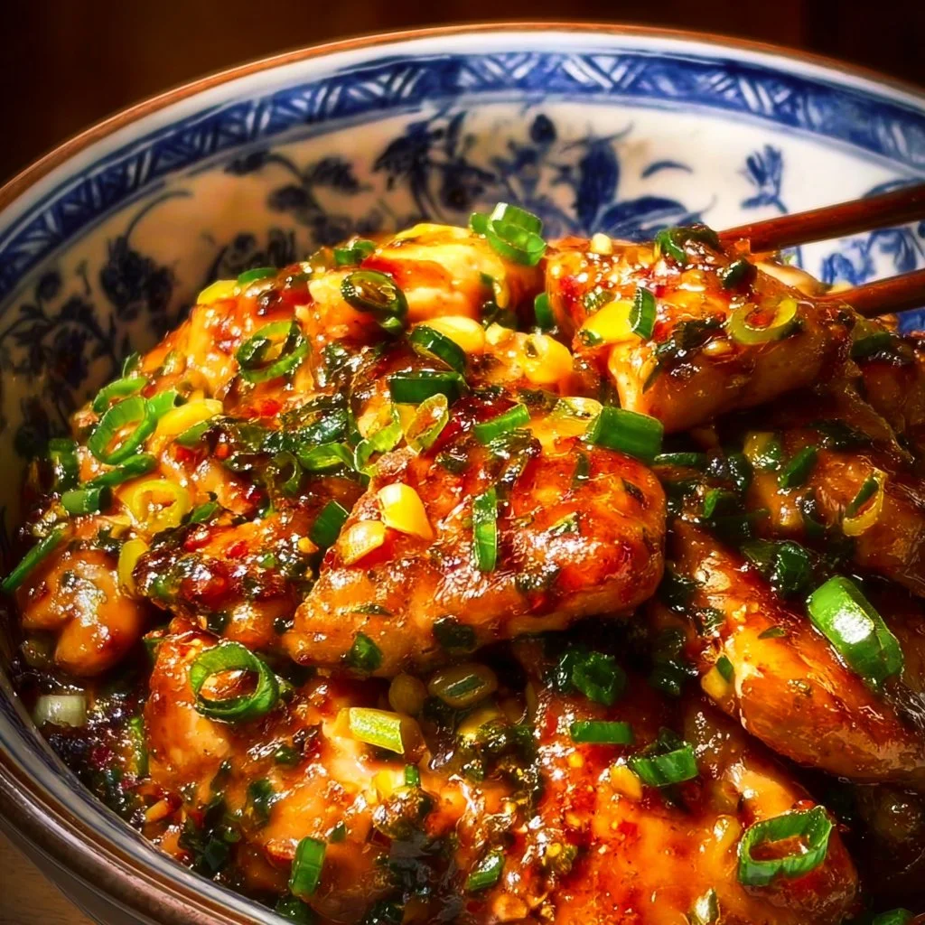 Delicious Chinese scallion chicken dish served with fresh scallions and sauce.