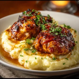 Plated Chipotle Honey Chicken thighs with smoked Gouda mashed potatoes