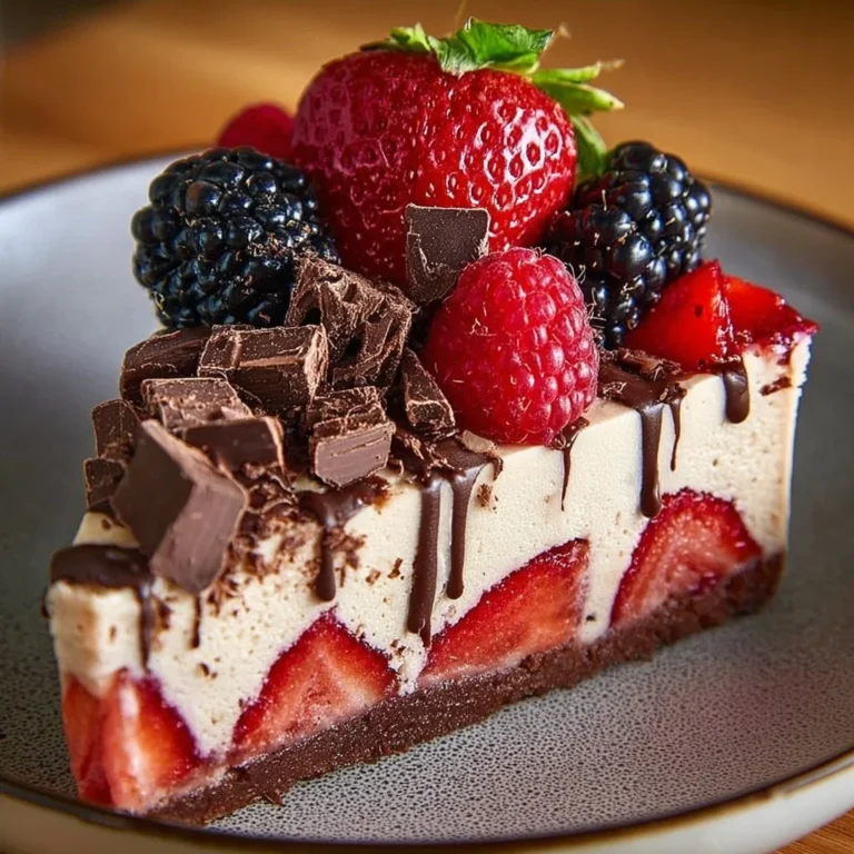 Choco-Berry no-bake cheesecake topped with fresh berries and chocolate drizzle