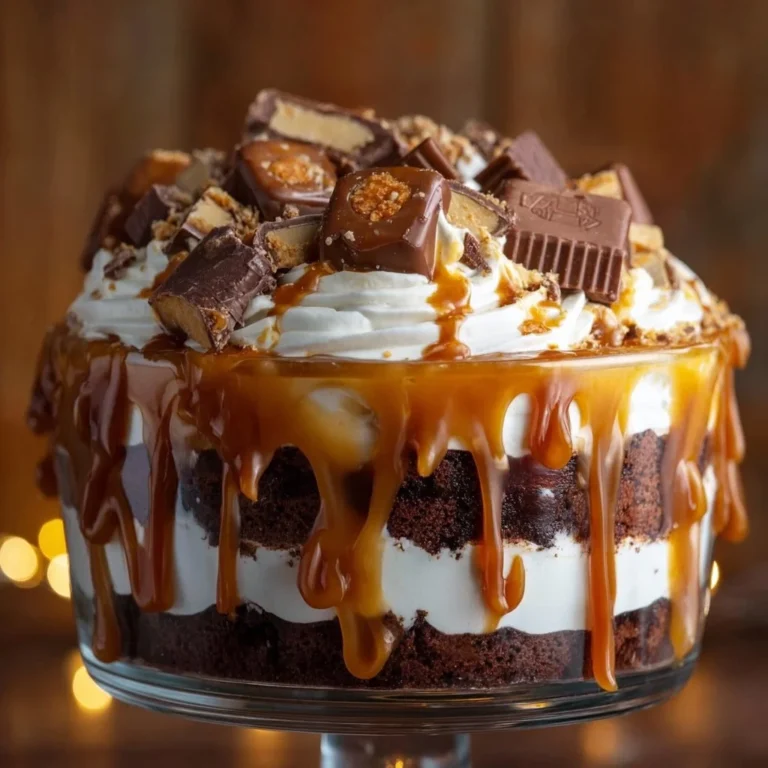 Delicious Chocolate Caramel Brownie Trifle with layers of brownies and caramel.