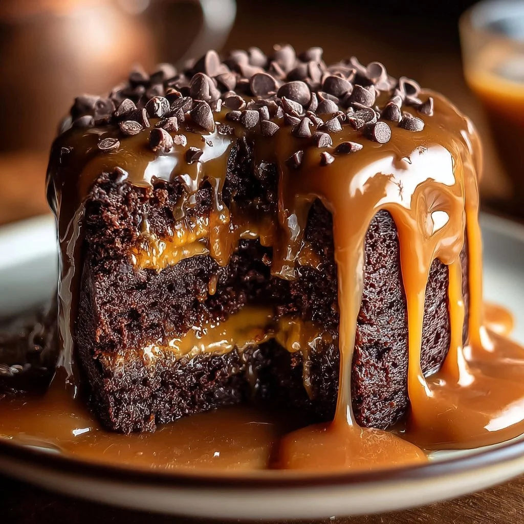 Delicious Chocolate Caramel Cake topped with smooth caramel and chocolate drizzle